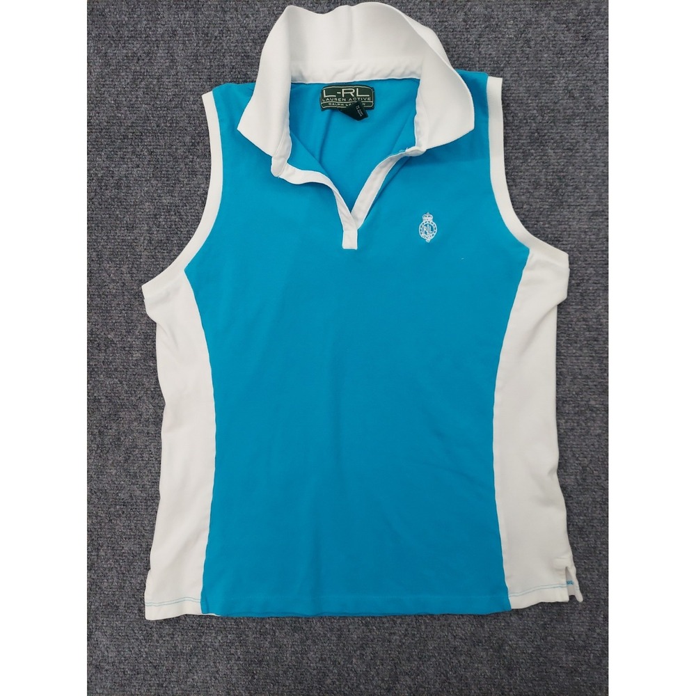 LRL RALPH LAUREN Shirt womens Medium Blue White Active Collared Sleeveless Crest